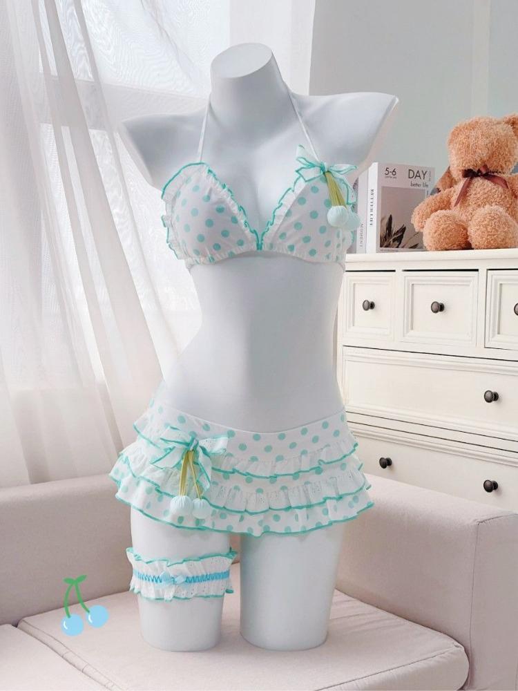Kawaii Polka Dot Bikini Set Women Japanese Y2K Vintage Halter Neck Tops Mini Skirt Cute Casual