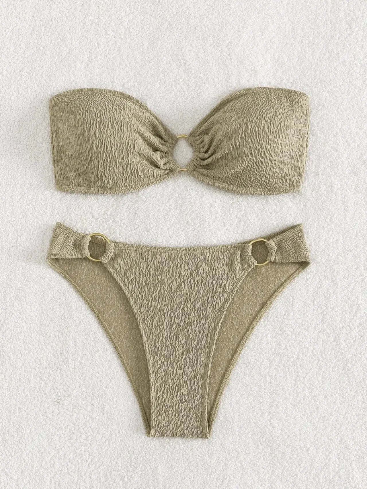 Sexy Bandeau Bikinis Sets Women Metal Ring Linked Push Up Micro Swimsuit 2026 Solid Bathing Suit