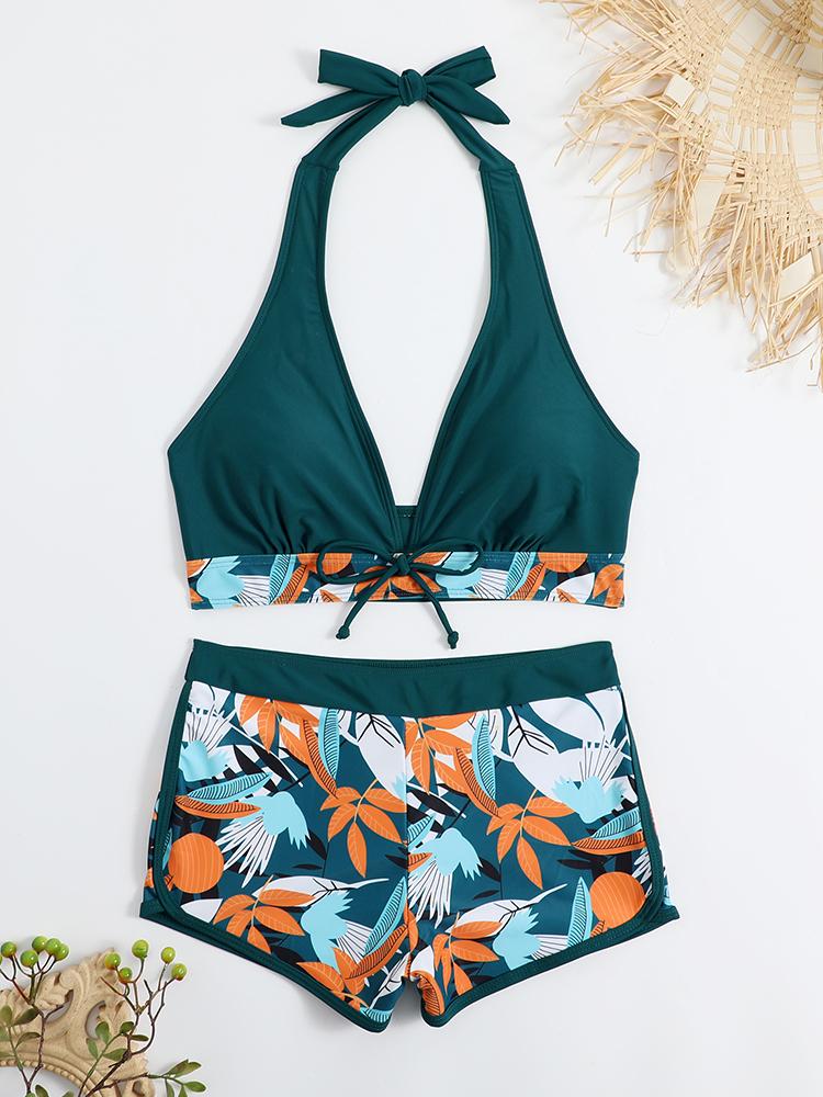 2026 Halter Bikini Set Short Swimsuit Women High Waist Swimwear Female Printed Bathers Swimming