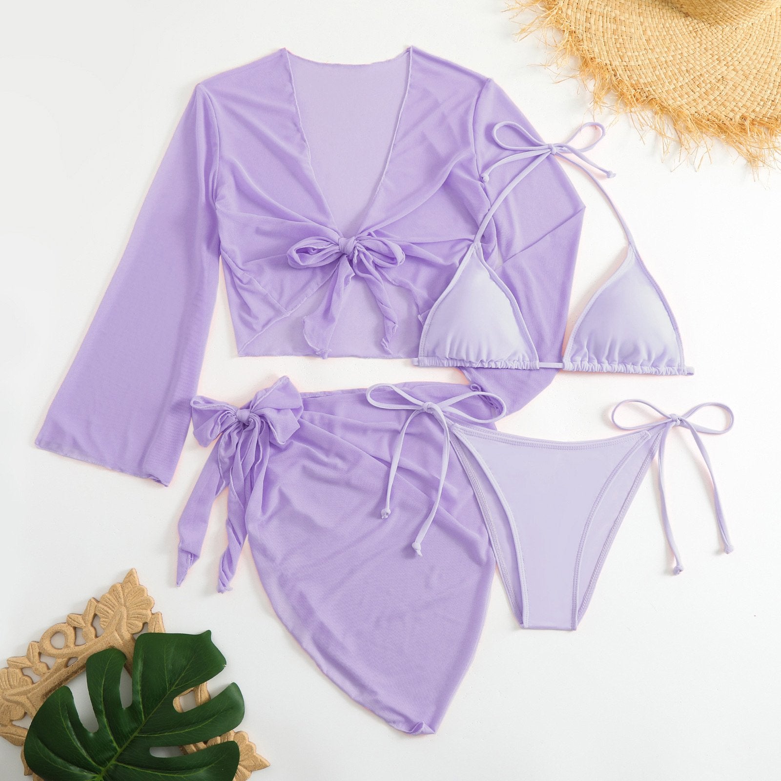 Women pink micro mini string bikini sets 4 pieces with mesh cover tops and skirt swimsuit bathing