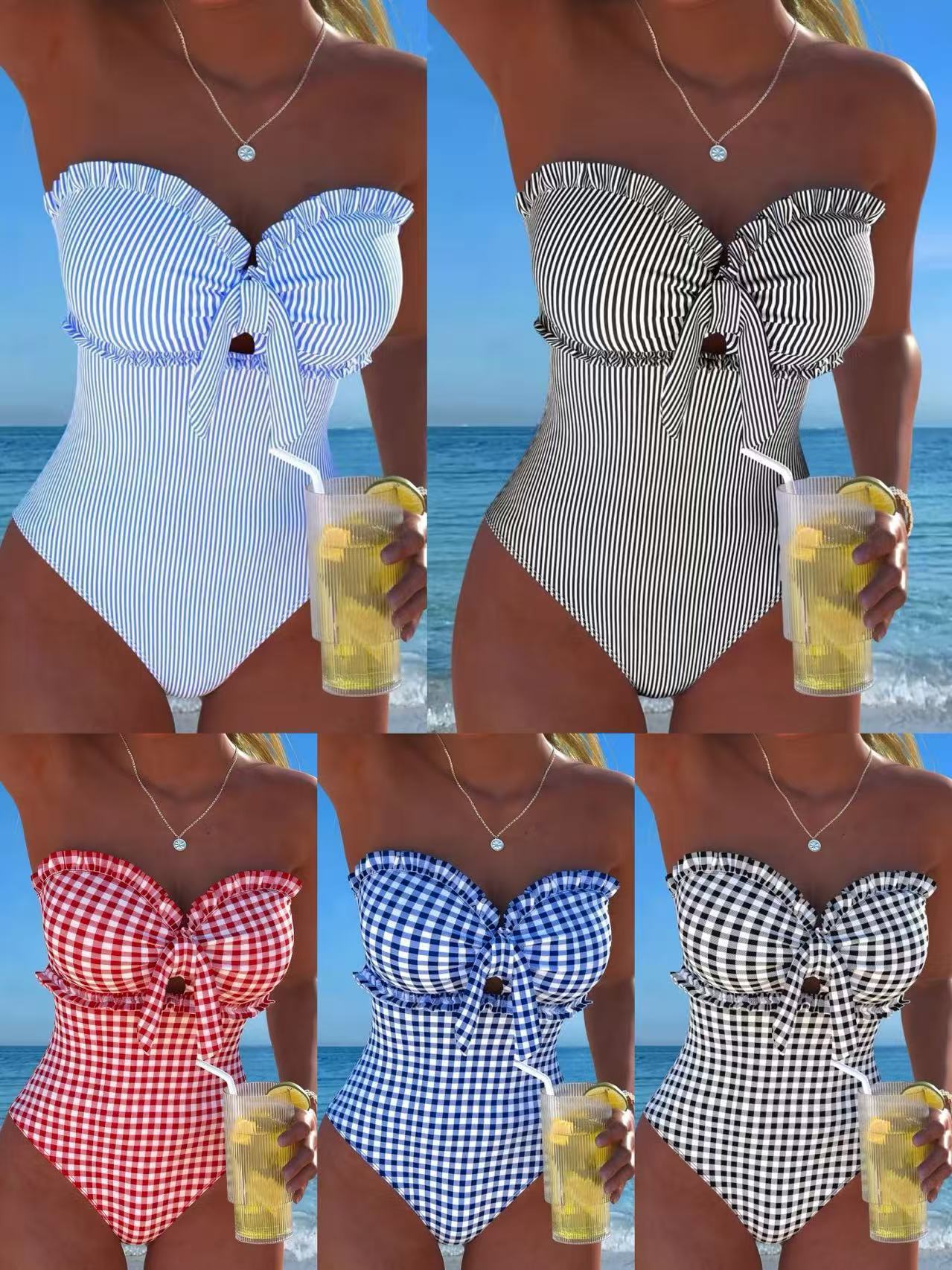 2026 Strappy Swimsuit One Piece Sexy Striped Ruffle Swimwear Women Bathers Bathing Swimming Swim