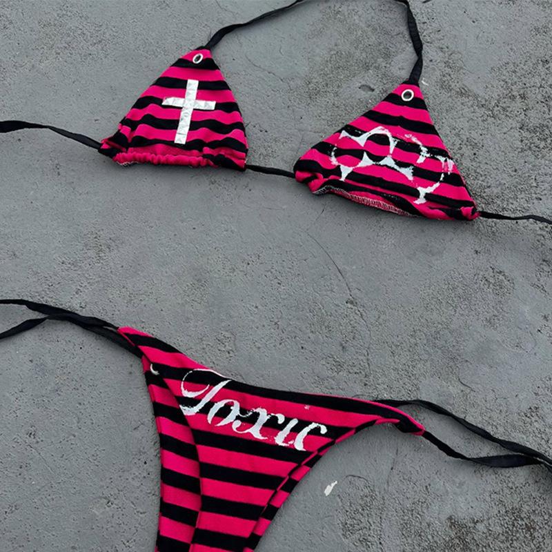 Strappy triangle cup bikini set, sexy subculture gothic style thong swimsuit, beach vacation