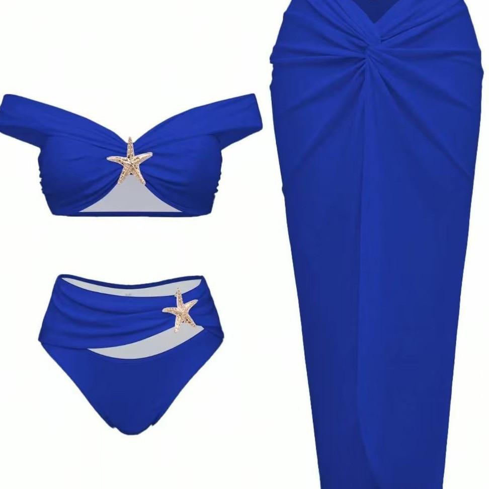 Women's Sexy Bikini Set Beachwear Metallic Starfish Bikini Folds Long Skirts Three Piece Sets Hot