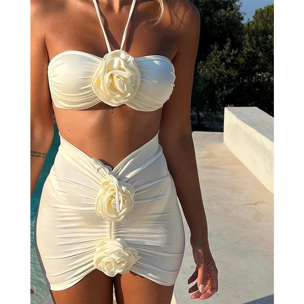 Solid Floral Lace 2026 Three Pieces Bikini Set Cover Up Swimwear Women Swimsuit Push Up Bathing Suit