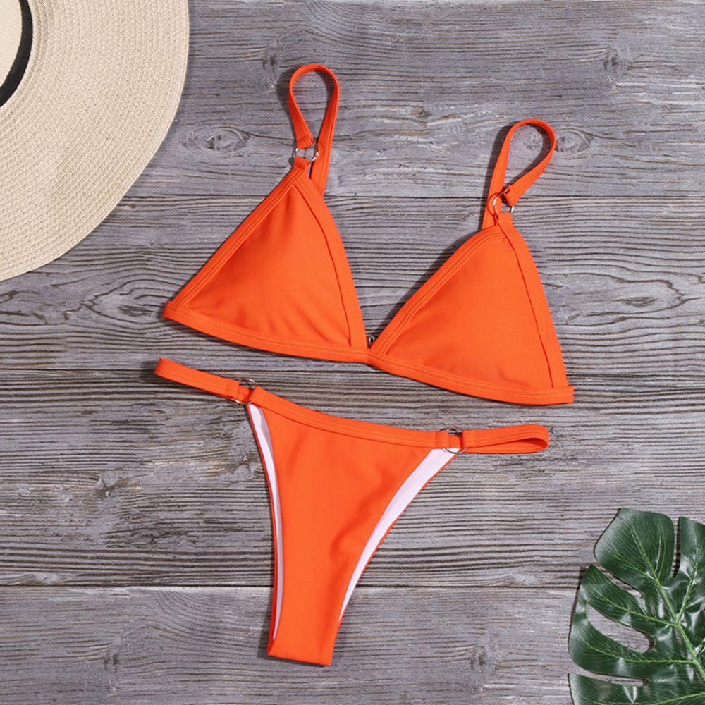 Ladies Sexy Solid Color Sling Bikini Set Metal Buckle Decorated Brazilian Swimwear Beach Vacation