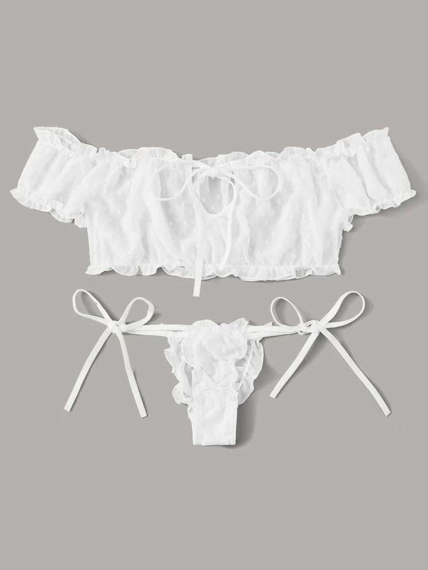 2PCS Off Shoulder Lace Up Bikini Set Women Sweet Casual Short Sleeve Swimsuits Beachwear Bathing