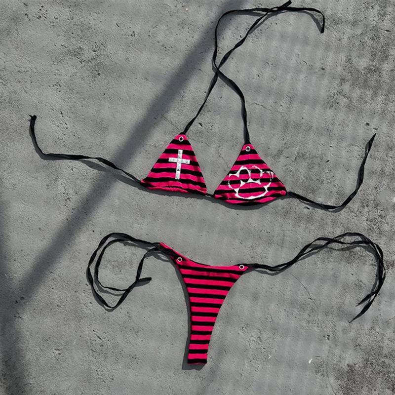 Strappy triangle cup bikini set, sexy subculture gothic style thong swimsuit, beach vacation