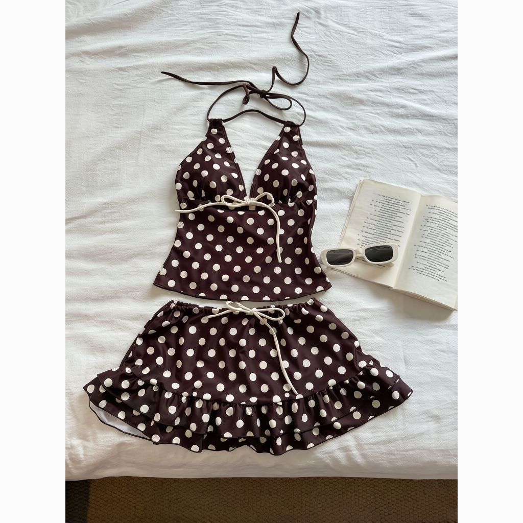Kawaii Polka Dot Bikini Set Women Japanese Y2K Vintage Halter Neck Tops Mini Skirt Cute Casual