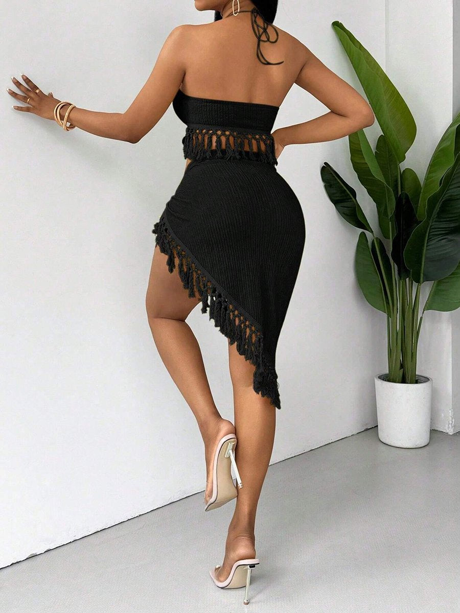 Sexy Tassels Bikini Women's Swimsuit 2026 2 Piece Swimwear Female Outfits Halter Top High Slit Skirt