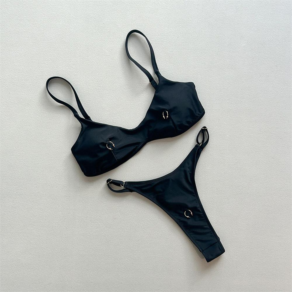 Sexy Solid Black Triangle Micro Bikini Thong Set Swimsuit Women 2026 Metal Ring Ladies Swimwear
