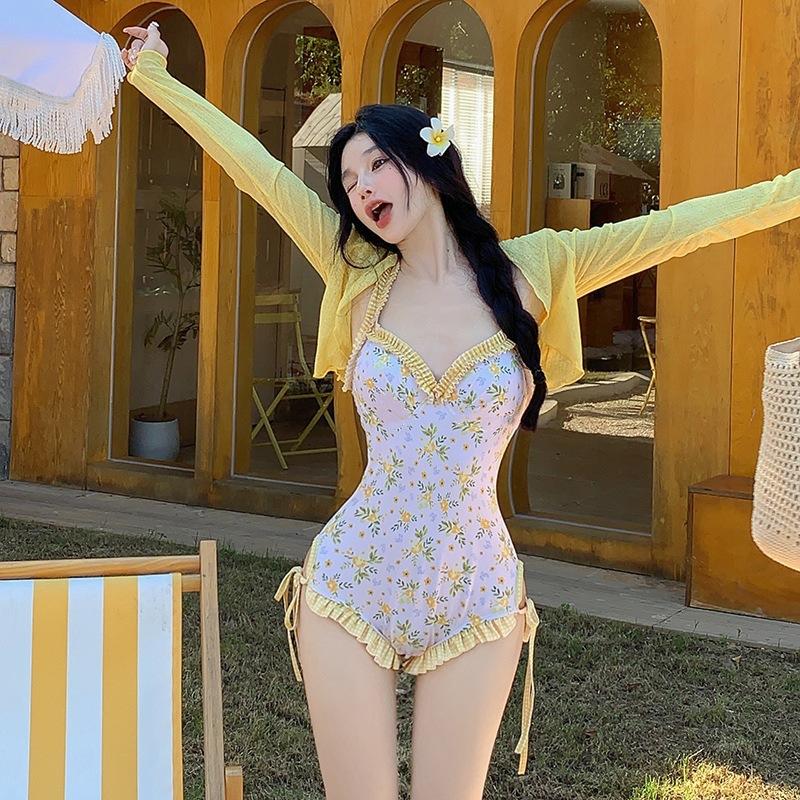 Korean Floral Swimsuit One Piece Soft Cup Cover Up Long Sleeve Hot Spring Spa Bikini Style