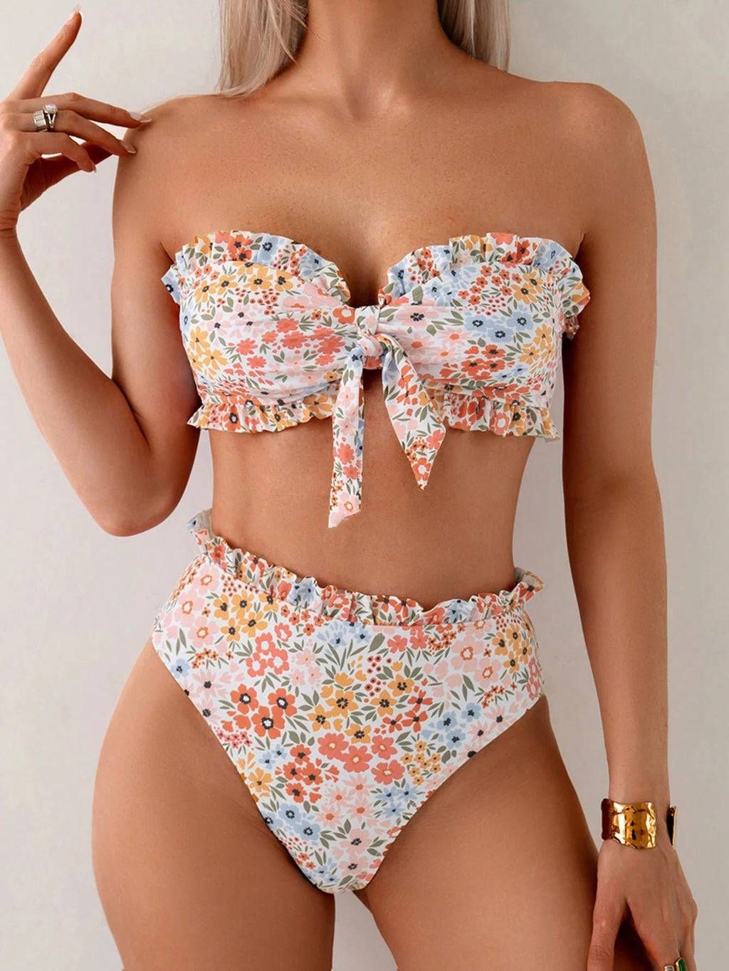 Bowknot Ruffle Swimsuit Women Bandeau Bikini 2026 High Wasit Swimwear Female Bathing Swimming Swim