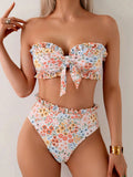 Bowknot Ruffle Swimsuit Women Bandeau Bikini 2026 High Wasit Swimwear Female Bathing Swimming Swim
