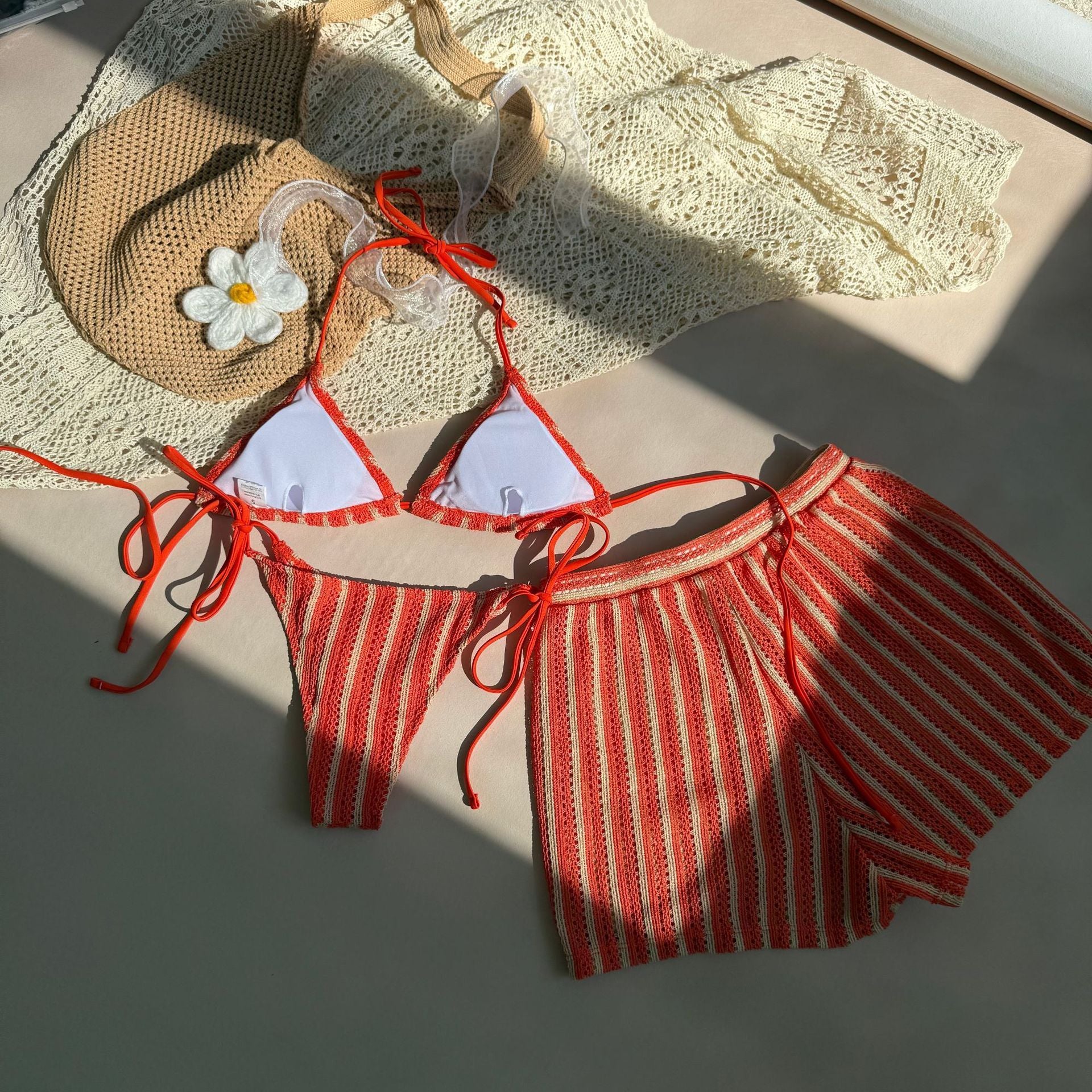 Sexy Green Orange Striped Bikini Set Women Halter Push Up High Waist Panties 3 Piece Swimsuit 2026