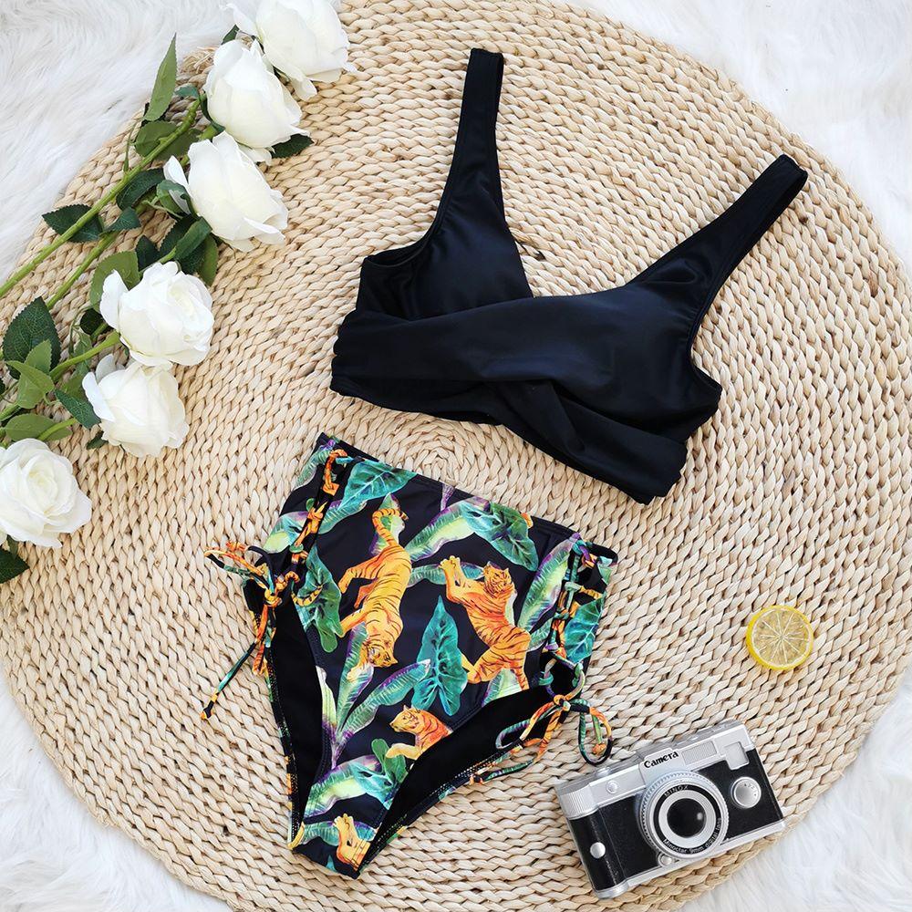 Floral Print V Neck Bikini Sets, Tie Back Tie Side Cut Out High Waist High Cut Two Pieces Swimsuit,