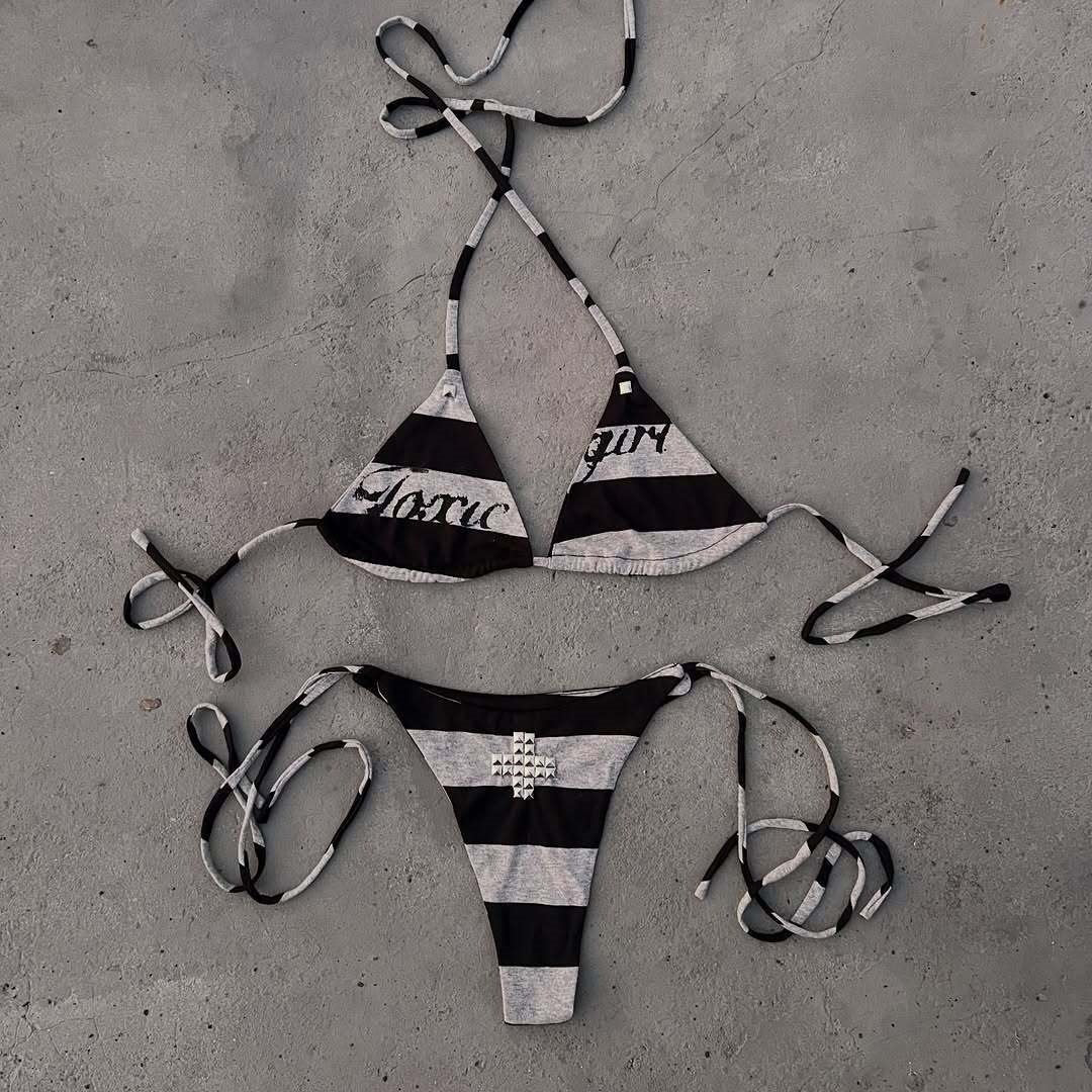 High Street Two Hot Girls Summer Beach Bikini Y2K Printed Cross European And American Set Sexy Hot