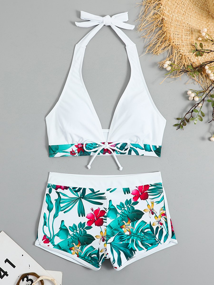 2026 Halter Bikini Set Short Swimsuit Women High Waist Swimwear Female Printed Bathers Swimming