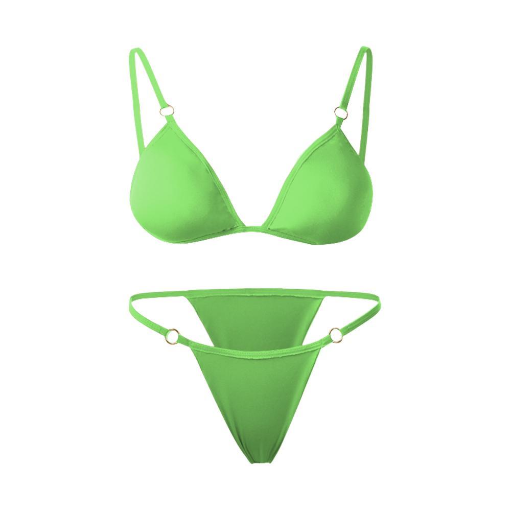 Ladies Sexy Solid Color Sling Bikini Set Metal Buckle Decorated Brazilian Swimwear Beach Vacation