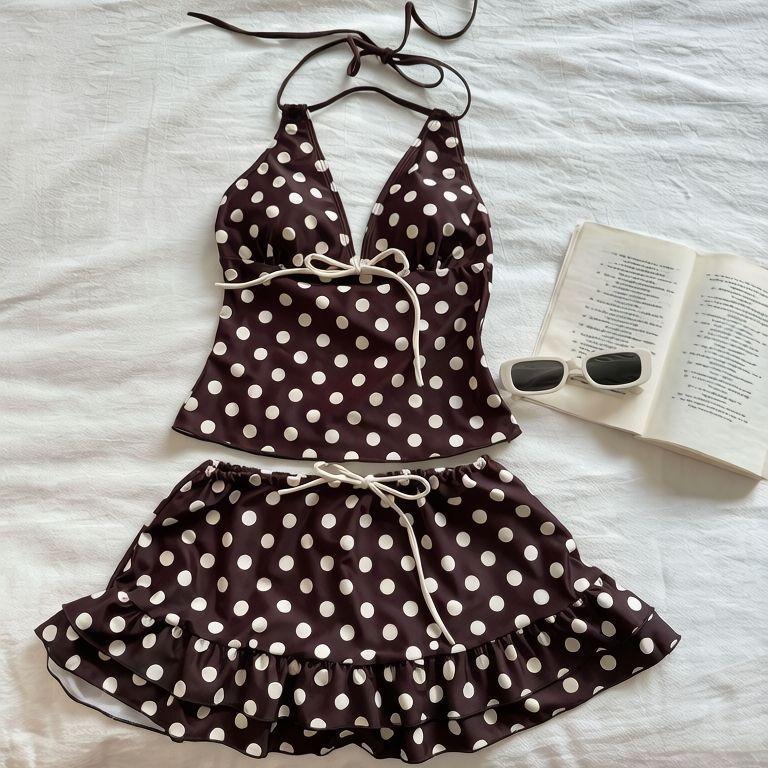 Kawaii Polka Dot Bikini Set Women Japanese Y2K Vintage Halter Neck Tops Mini Skirt Cute Casual