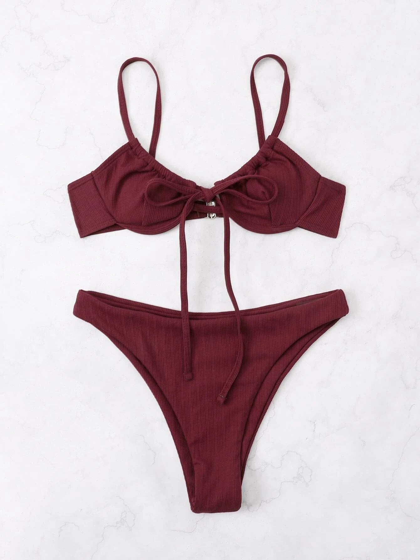 2026 Push Up Bikini Women Rib Tie Front Swimsuit Sexy Underwire Swimwear Female Bathers Bathing