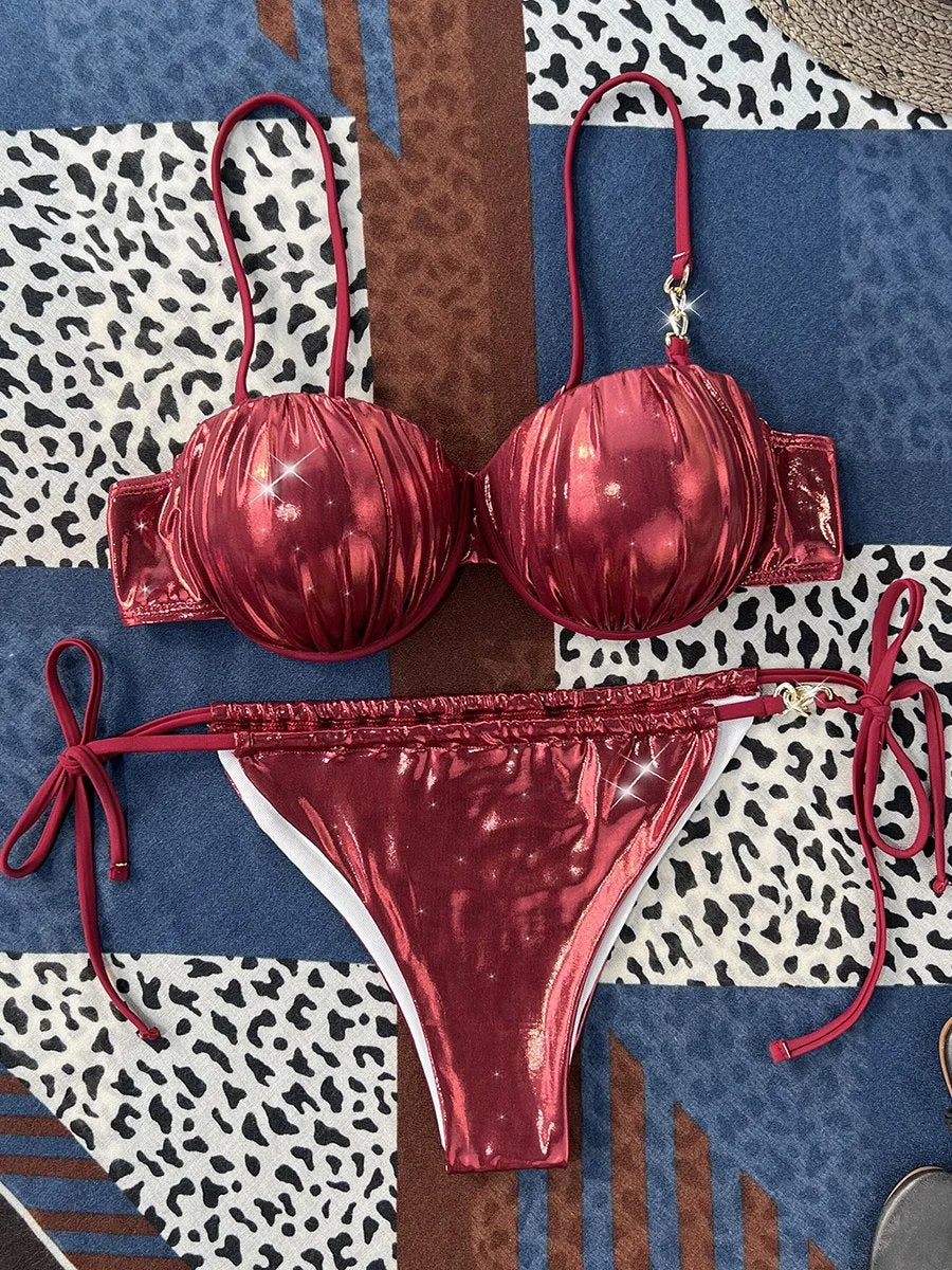 Shiny PU Leather Underwired Bra Cup Bikini Women Swimwear Female Swimsuit Two-pieces Bikini Set Push