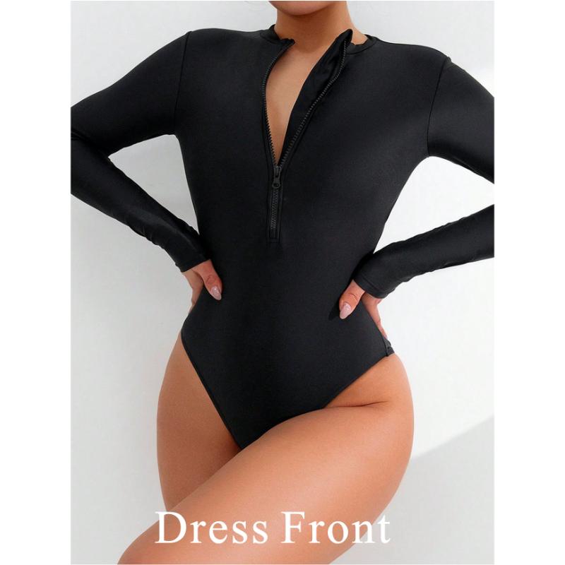2026 Summer Women Solid Color Long Sleeve Conservative One Piece Swimsuit Chest Front Zipper Black