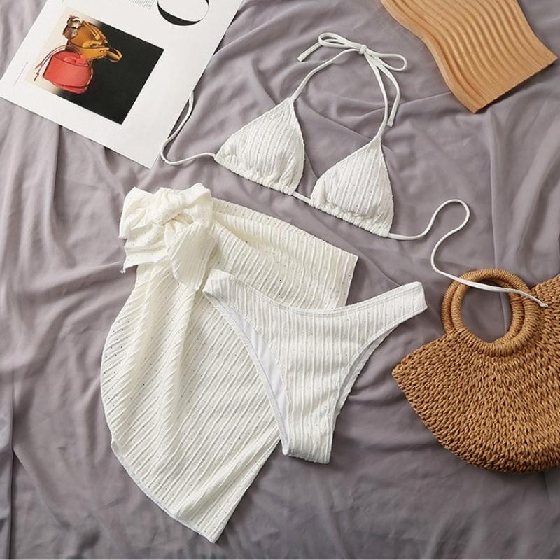2026 Summer Halter Bikini 3 Pieces sets Women swimsuit Sexy Thong Swimwear With Sarong Skirt White