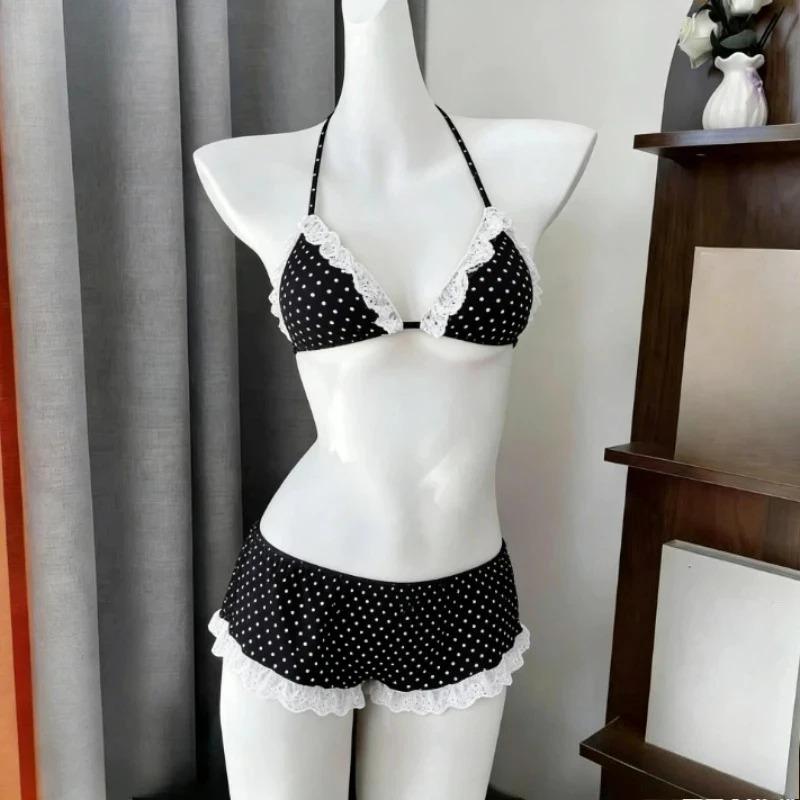 Kawaii Polka Dot Bikini Set Women Japanese Y2K Vintage Halter Neck Tops Mini Skirt Cute Casual