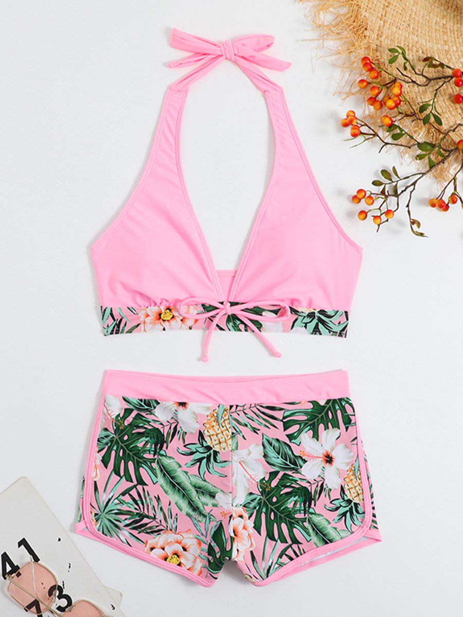 2026 Halter Bikini Set Short Swimsuit Women High Waist Swimwear Female Printed Bathers Swimming