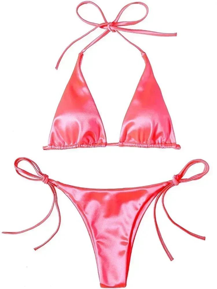 Halter Brazilian Metallic Satin Bikini Women Swimwear Female Swimsuit Two-pieces Bikini Set High Cut