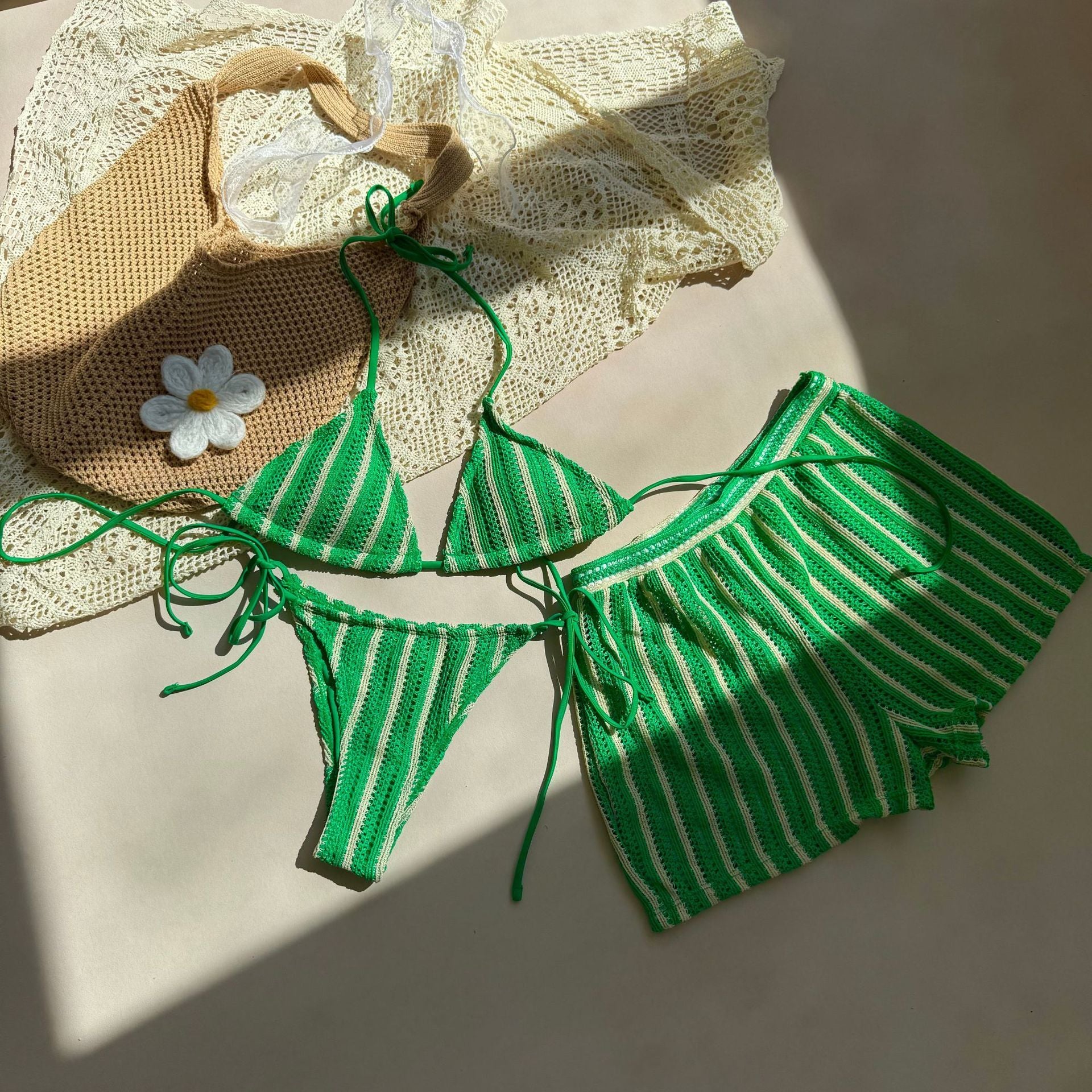Sexy Green Orange Striped Bikini Set Women Halter Push Up High Waist Panties 3 Piece Swimsuit 2026