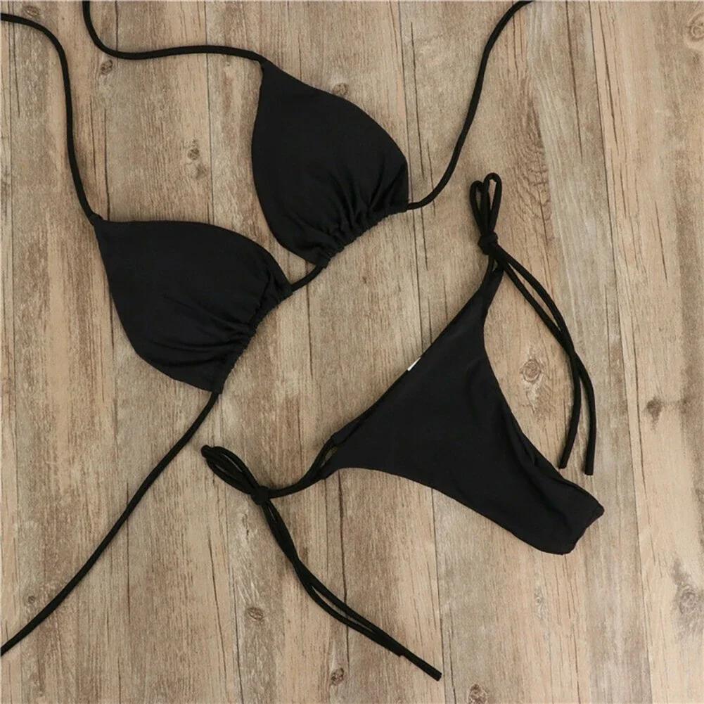2 Pcs/Set Bikini Set Sexy Bikinis Bathing Suit Solid Color Halter Neck Strap Thong Women Swimsuit