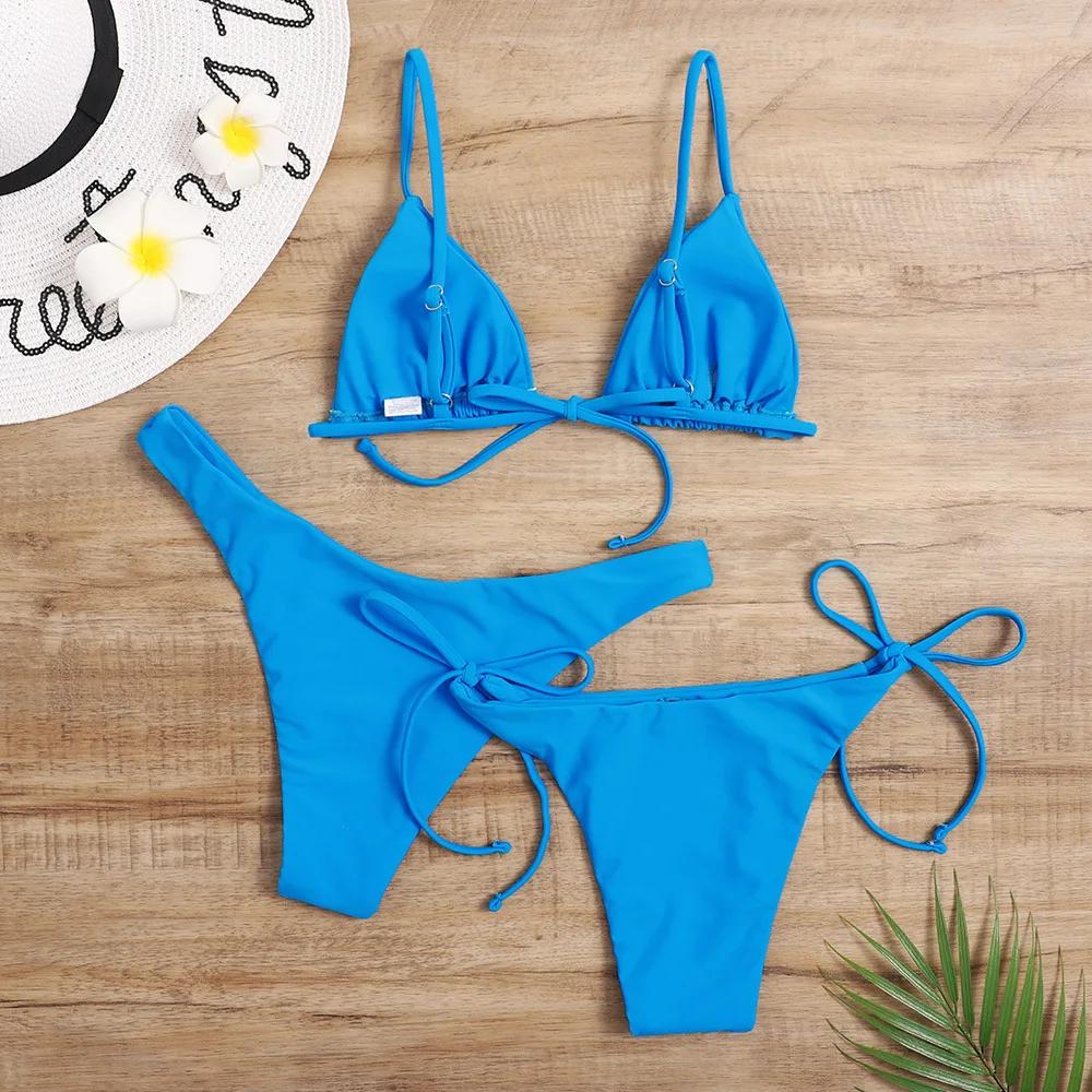 Sexy 3 Piece Bikini Set Women Solid Blue Purple Push Up Bandage Triangle Swimsuit Brazilian Beach