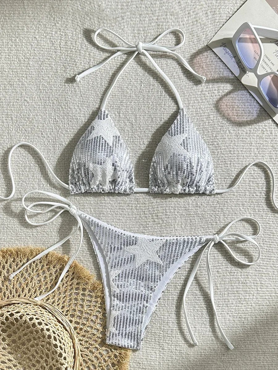 Halter Shiny Star Sequins Bikini 2026 Women Swimsuit Female Swimwear Two Pieces Bikini Set Brazilian