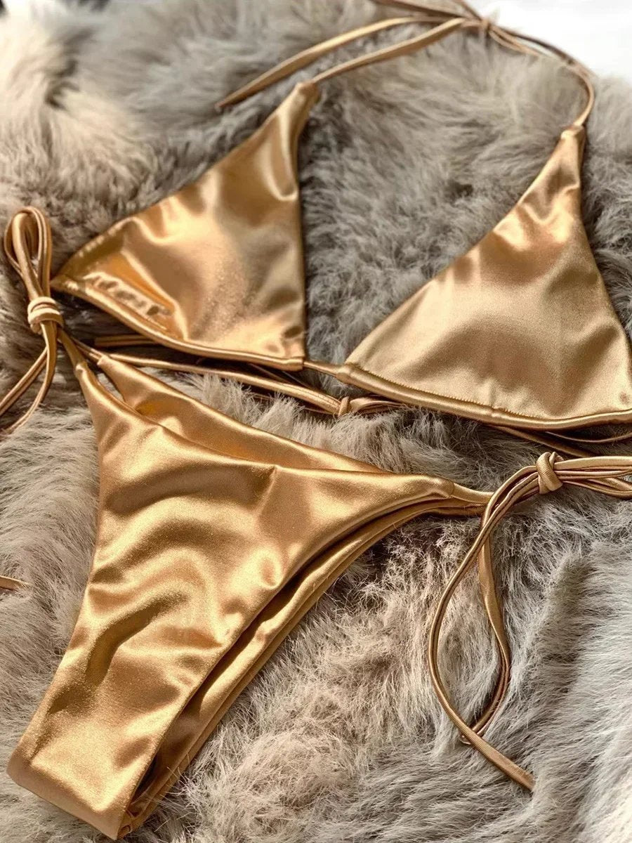 Halter Brazilian Metallic Satin Bikini Women Swimwear Female Swimsuit Two-pieces Bikini Set High Cut