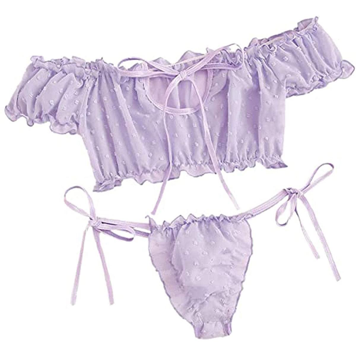 2PCS Off Shoulder Lace Up Bikini Set Women Sweet Casual Short Sleeve Swimsuits Beachwear Bathing