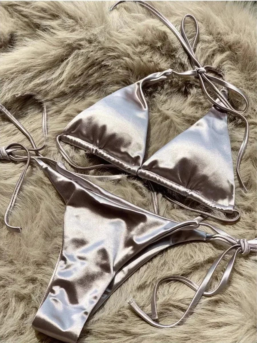Halter Brazilian Metallic Satin Bikini Women Swimwear Female Swimsuit Two-pieces Bikini Set High Cut