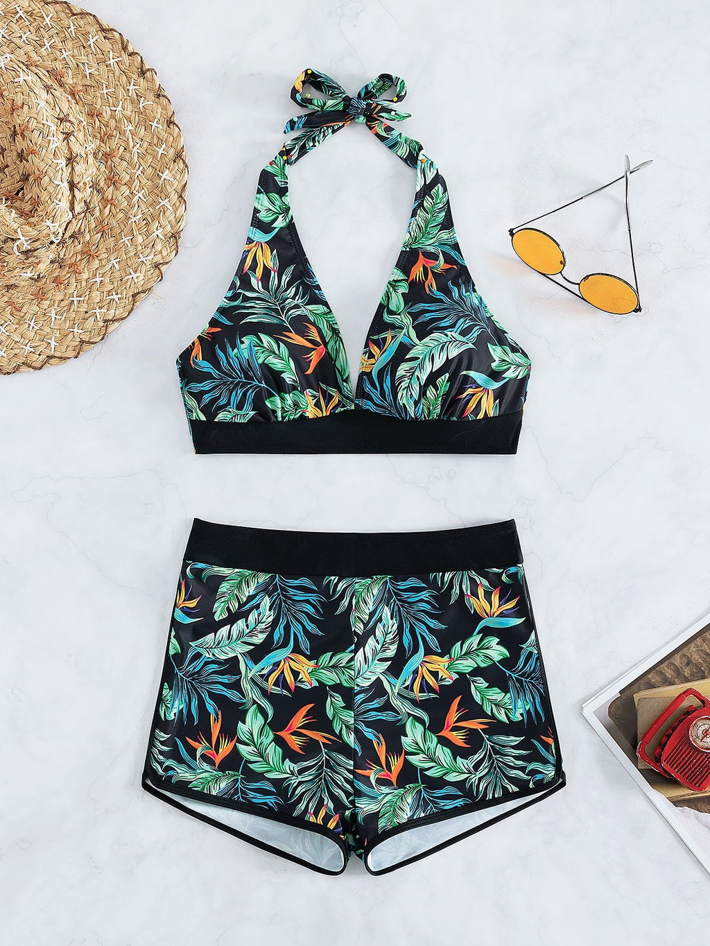 2026 Halter Bikini Set Short Swimsuit Women High Waist Swimwear Female Printed Bathers Swimming