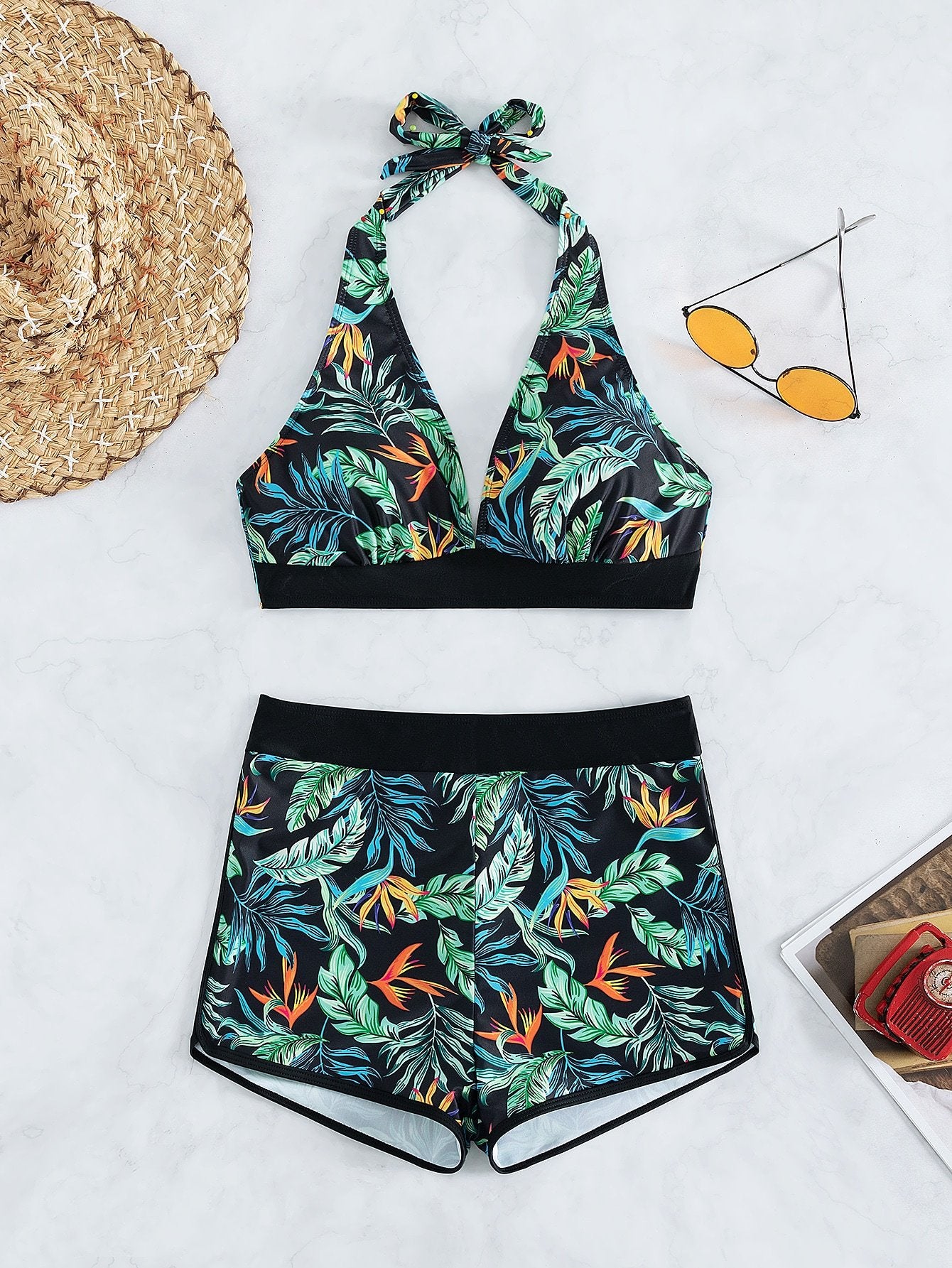 2026 Halter Bikini Set Short Swimsuit Women High Waist Swimwear Female Printed Bathers Swimming