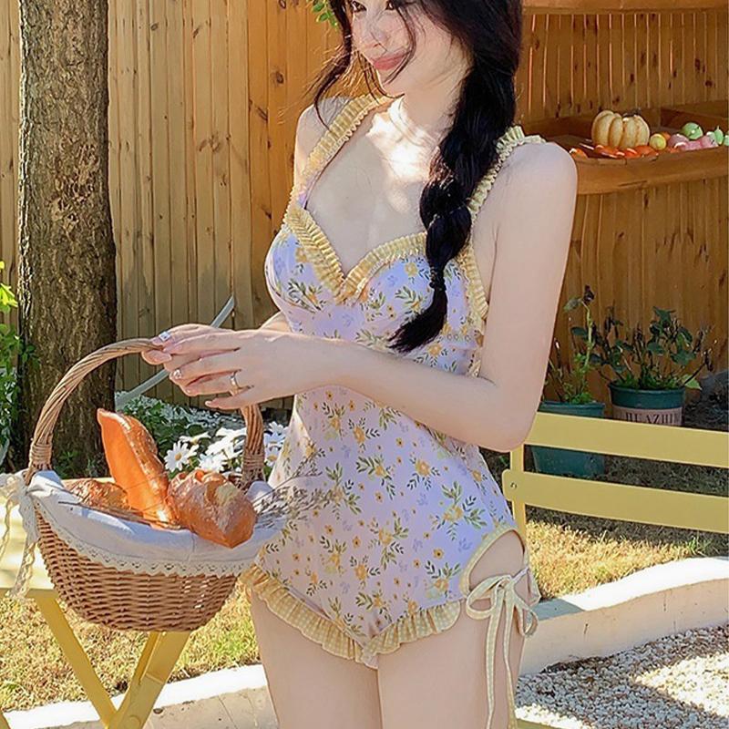 Korean Floral Swimsuit One Piece Soft Cup Cover Up Long Sleeve Hot Spring Spa Bikini Style