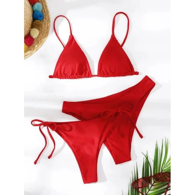 Sexy 3 Piece Bikini Set Women Solid Blue Purple Push Up Bandage Triangle Swimsuit Brazilian Beach