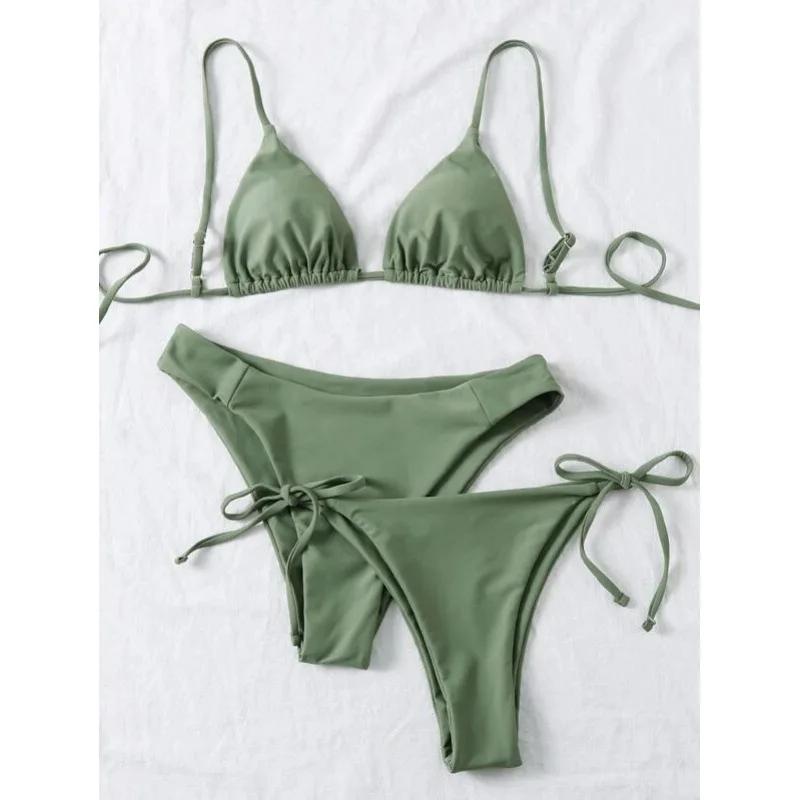 Sexy 3 Piece Bikini Set Women Solid Blue Purple Push Up Bandage Triangle Swimsuit Brazilian Beach