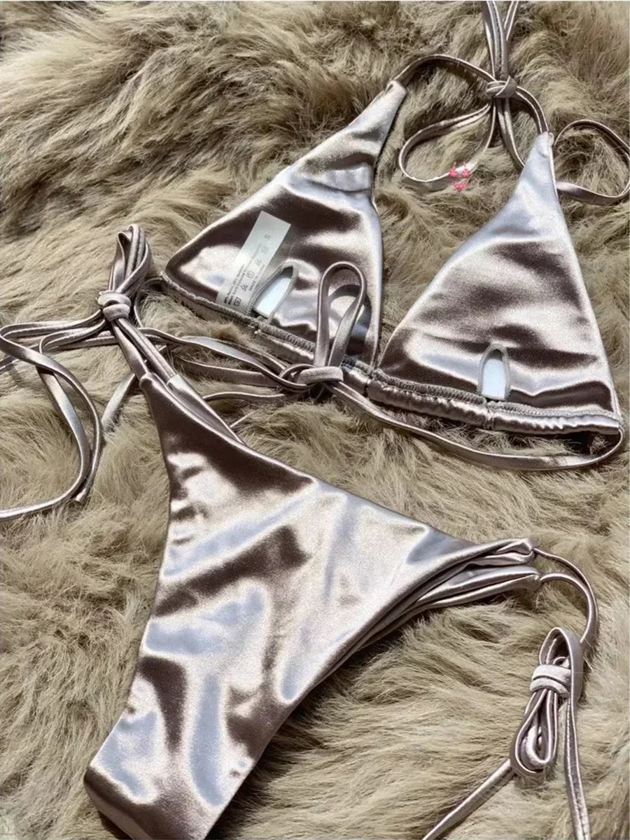Halter Brazilian Metallic Satin Bikini Women Swimwear Female Swimsuit Two-pieces Bikini Set High Cut