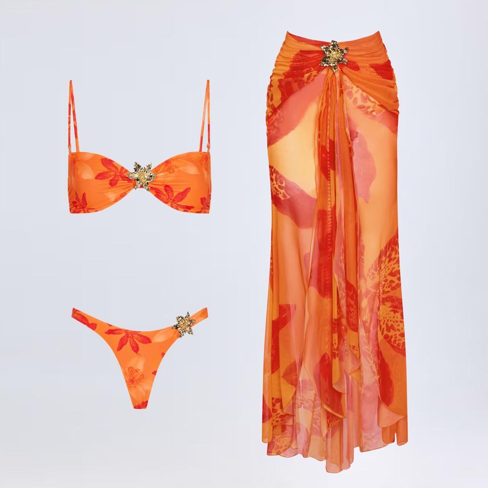 3 Pieces Bikini 2026 Sexy Print Women Swimsuit Swimwear Female Mesh Skirt Bikini Set Beachwear