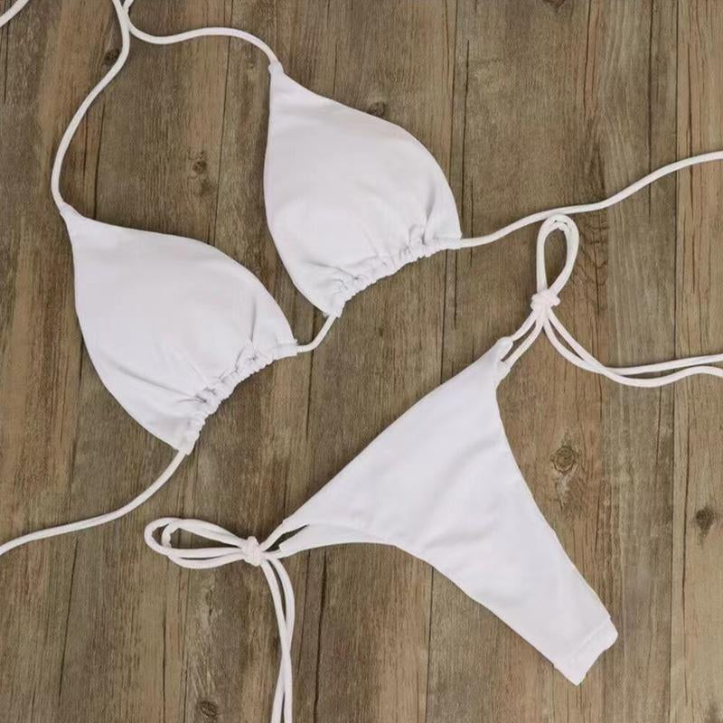 Solid Color Tie-Side G-String Bikini Set Breathtaking Bathing Suit with Feminine Bandage Design Sexy