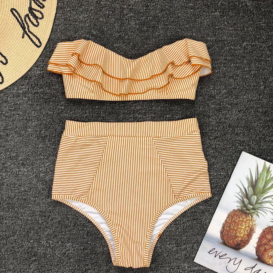 Sexy Striped Ruffled Bikini 2026 Bandeau Push Up Swimwear Women Swimsuit High Waist Bikinis Set