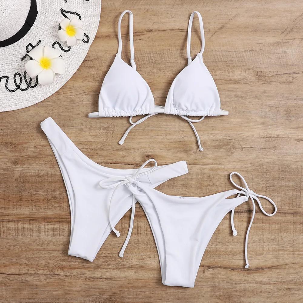 Sexy 3 Piece Bikini Set Women Solid Blue Purple Push Up Bandage Triangle Swimsuit Brazilian Beach