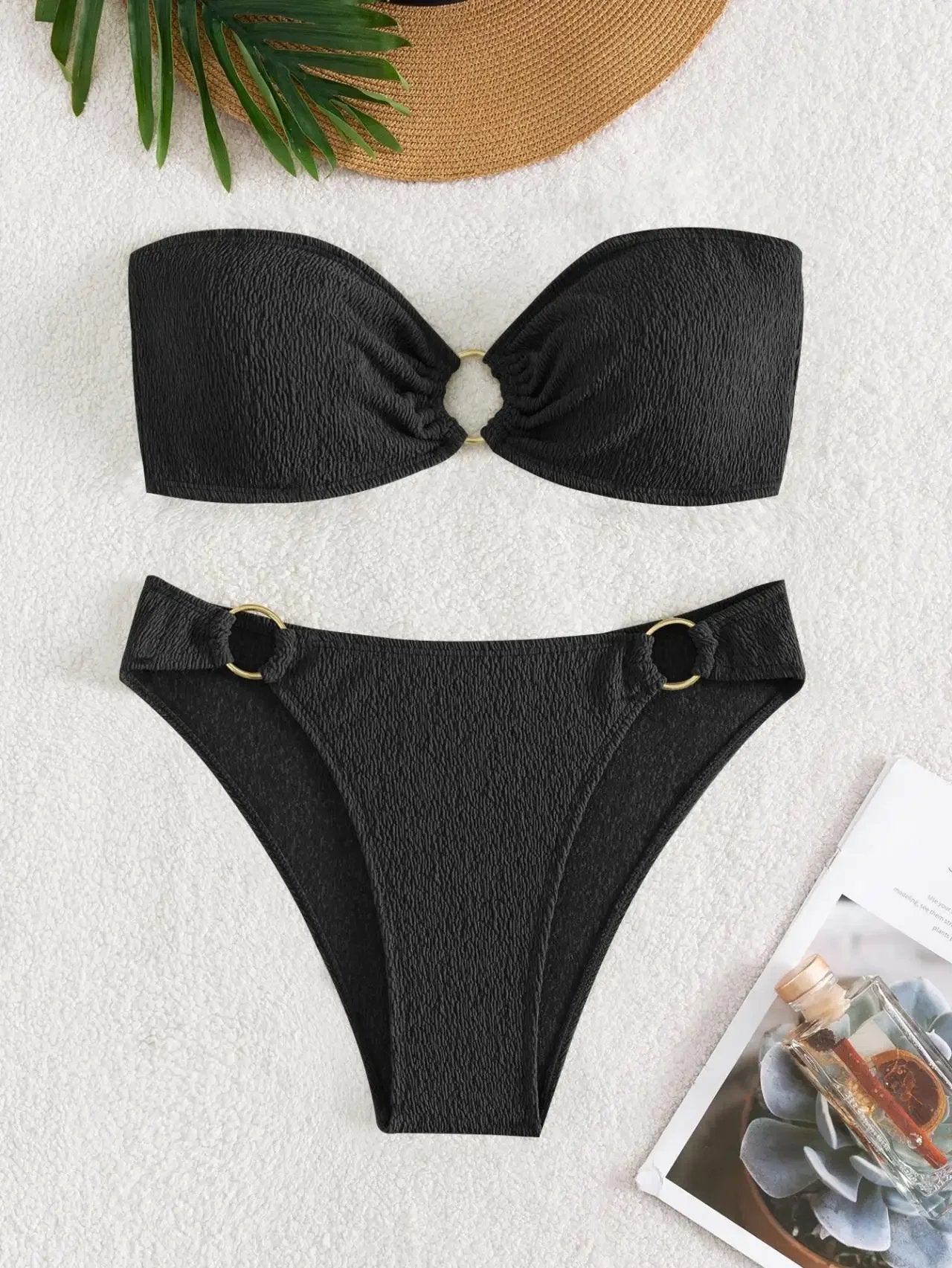 Sexy Bandeau Bikinis Sets Women Metal Ring Linked Push Up Micro Swimsuit 2026 Solid Bathing Suit