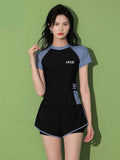 Fashion Women's Swimming Suit Ladies Patchwork Short Sleeve Swimwear 2026 Sports Pool Beachwear Two