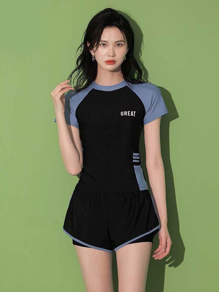 Fashion Women's Swimming Suit Ladies Patchwork Short Sleeve Swimwear 2026 Sports Pool Beachwear Two